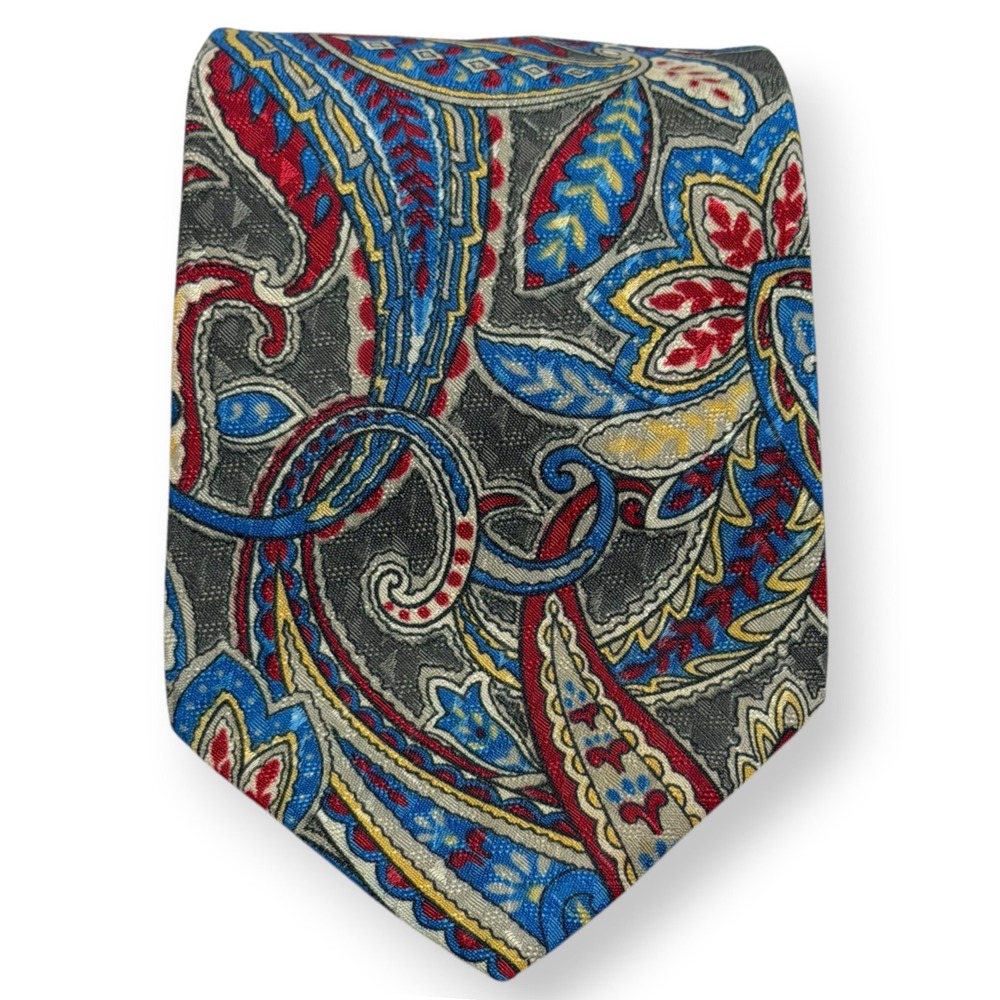 VTG Christian Dior Tie NWOT Paisley Retro Colors Designer Gray Red‎ Blue Yellow